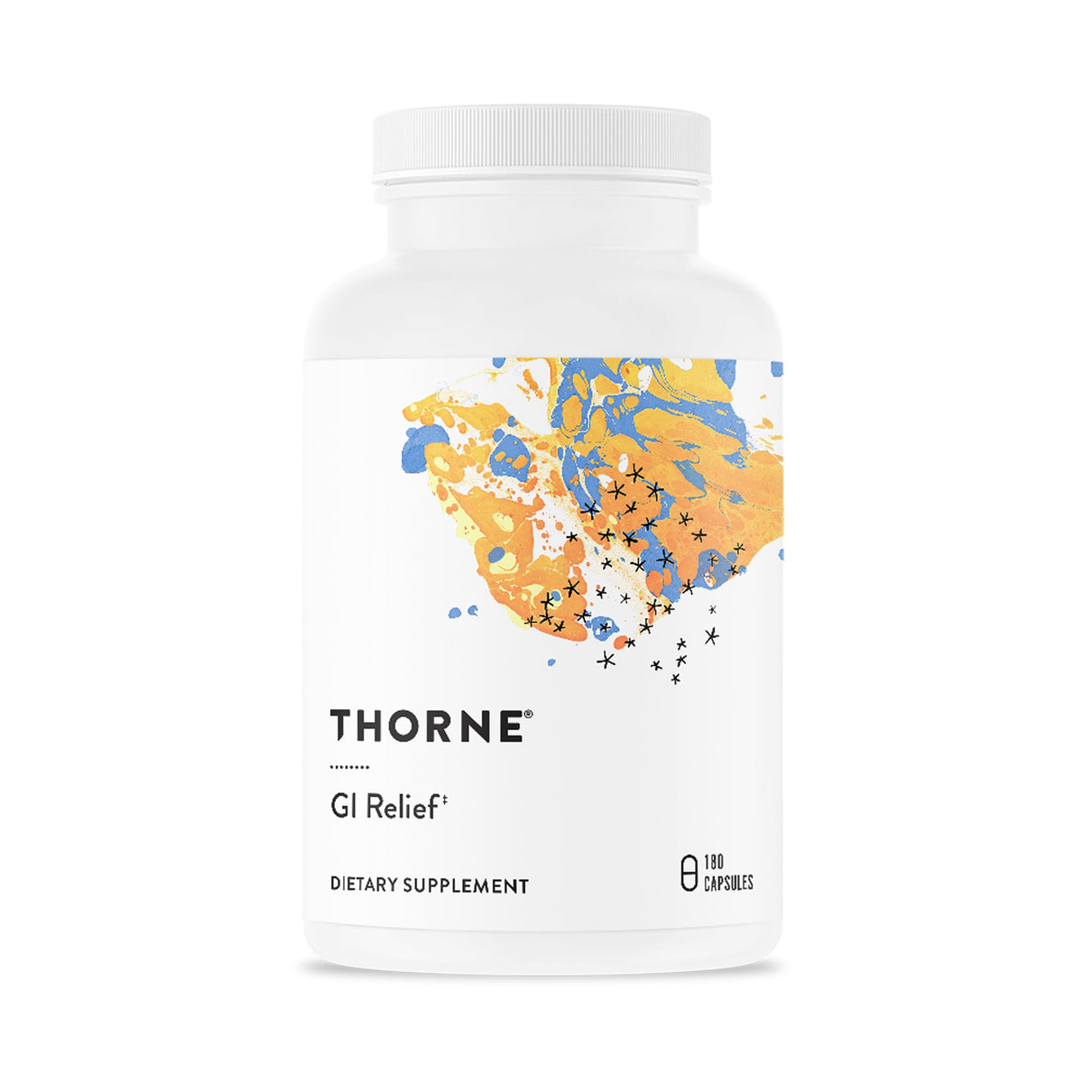 THORNE GI Relief bottle label close-up highlighting gut support and trusted quality.