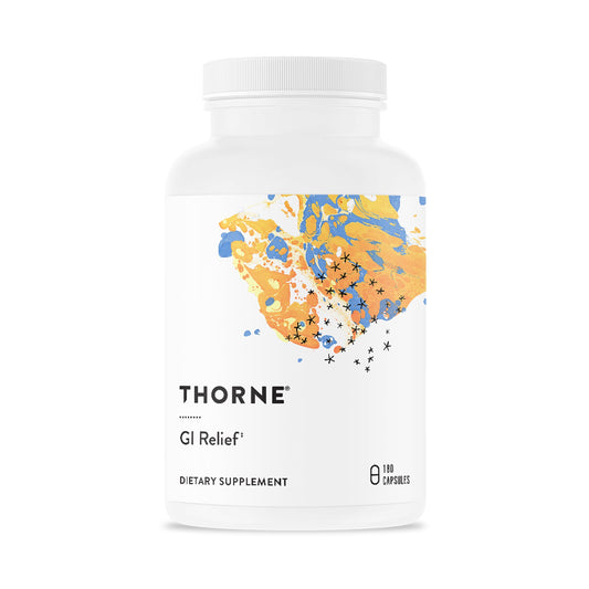 THORNE GI Relief bottle label close-up highlighting gut support and trusted quality.
