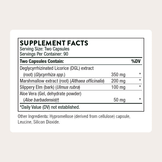 THORNE GI Relief capsules shown with warm tea option for soothing upper digestion.