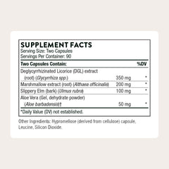 THORNE GI Relief capsules shown with warm tea option for soothing upper digestion.