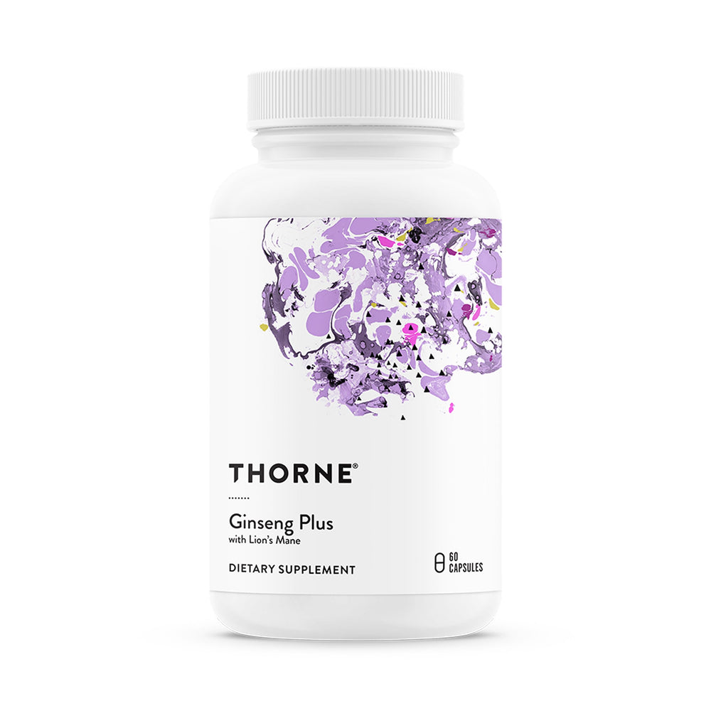 THORNE Ginseng Plus bottle front view highlighting cognitive support and stress resilience.