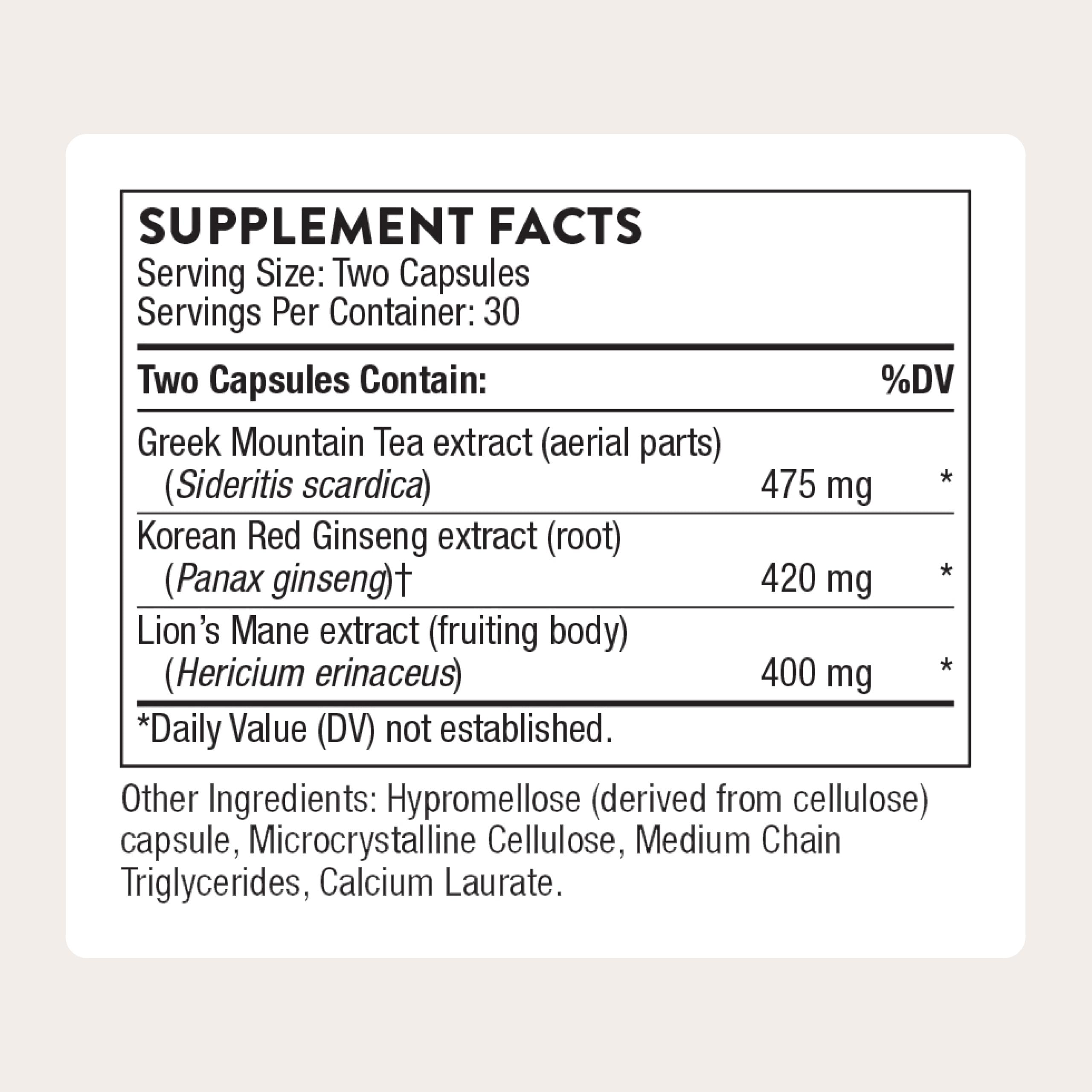 THORNE Ginseng Plus capsules close-up illustrating daily focus support.