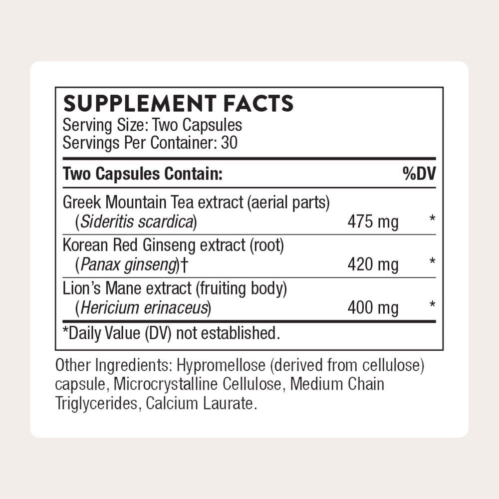 THORNE Ginseng Plus capsules close-up illustrating daily focus support.