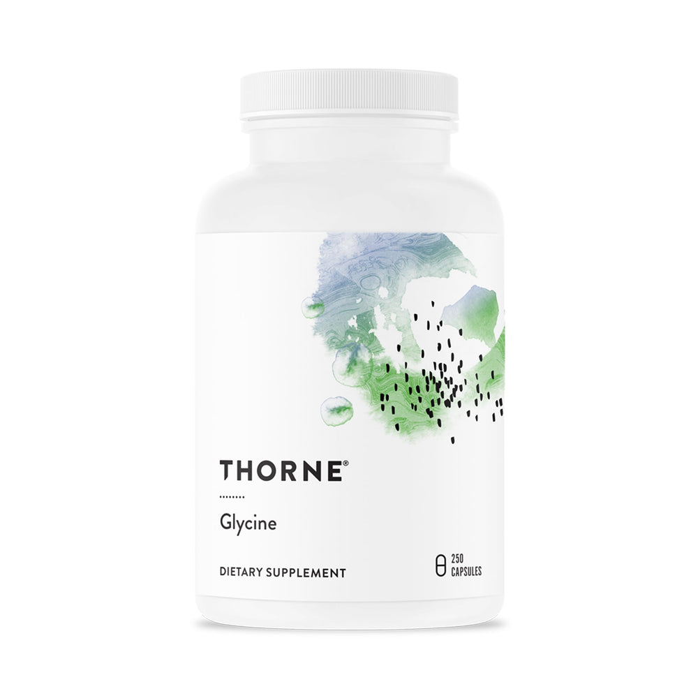 Thorne Glycine bottle front view showcasing the supplement packaging and label.