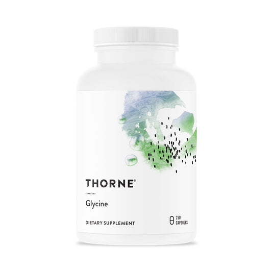Thorne Glycine bottle front view showcasing the supplement packaging and label.