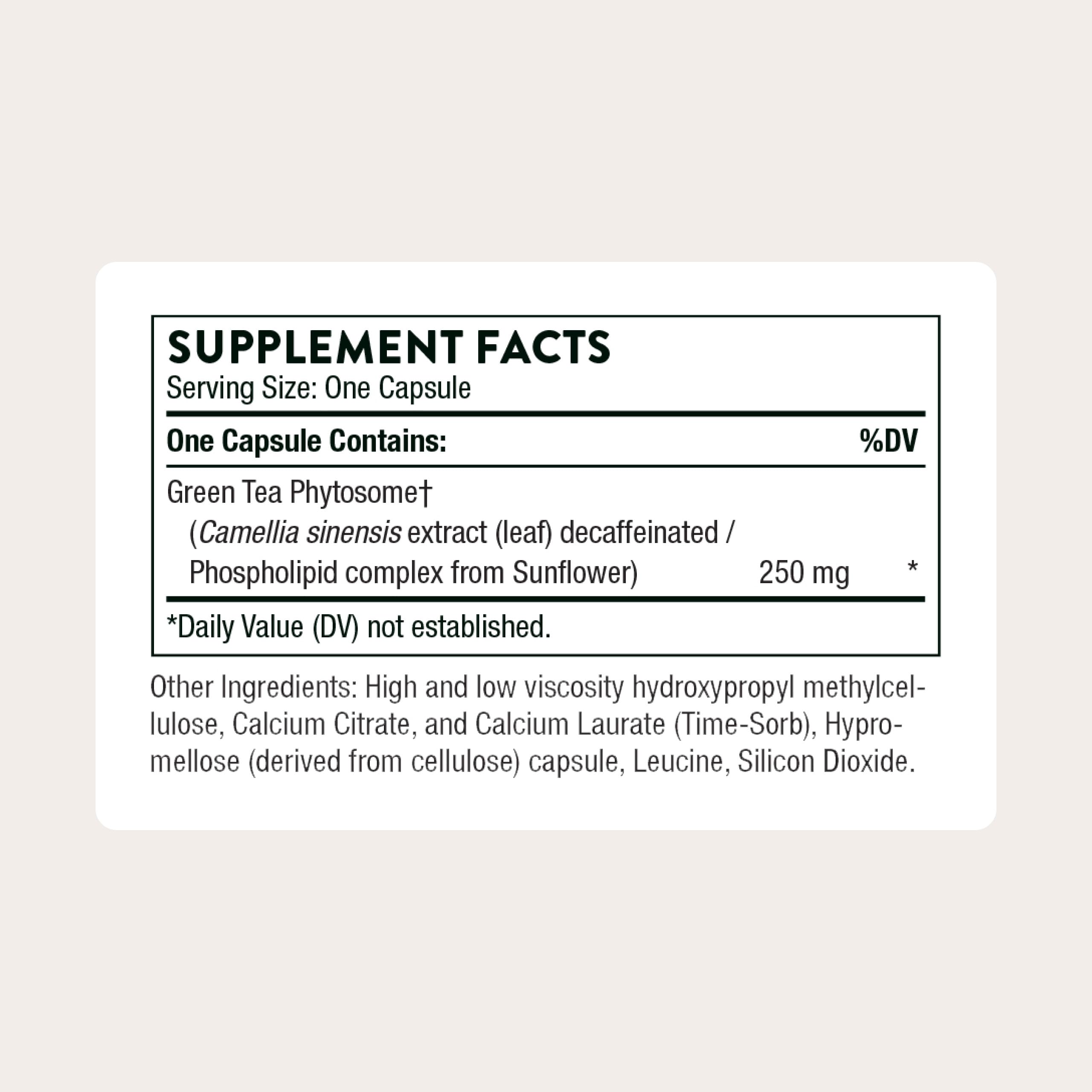 Close-up of THORNE Green Tea Phytosome capsules offering caffeine-free antioxidant support