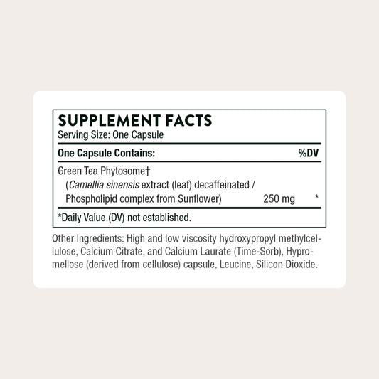 Close-up of THORNE Green Tea Phytosome capsules offering caffeine-free antioxidant support