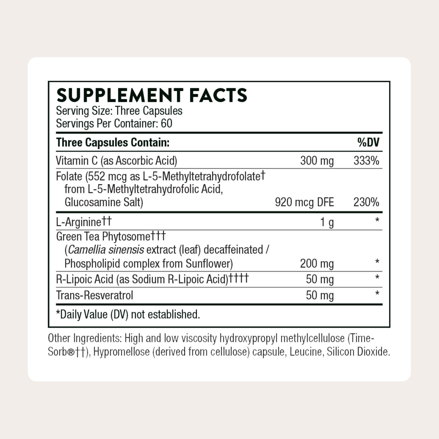 THORNE L-Arginine Plus bottle back lists ingredients and usage for heart health