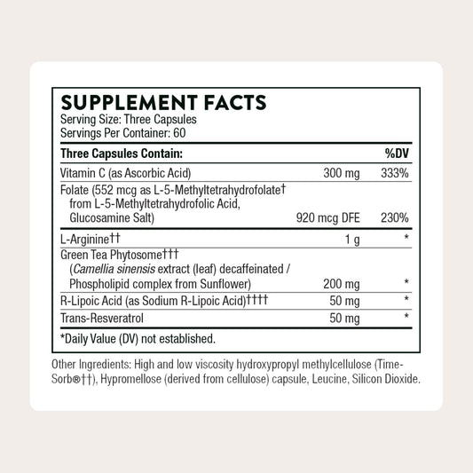 THORNE L-Arginine Plus bottle back lists ingredients and usage for heart health