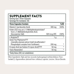 THORNE L-Arginine Plus bottle back lists ingredients and usage for heart health