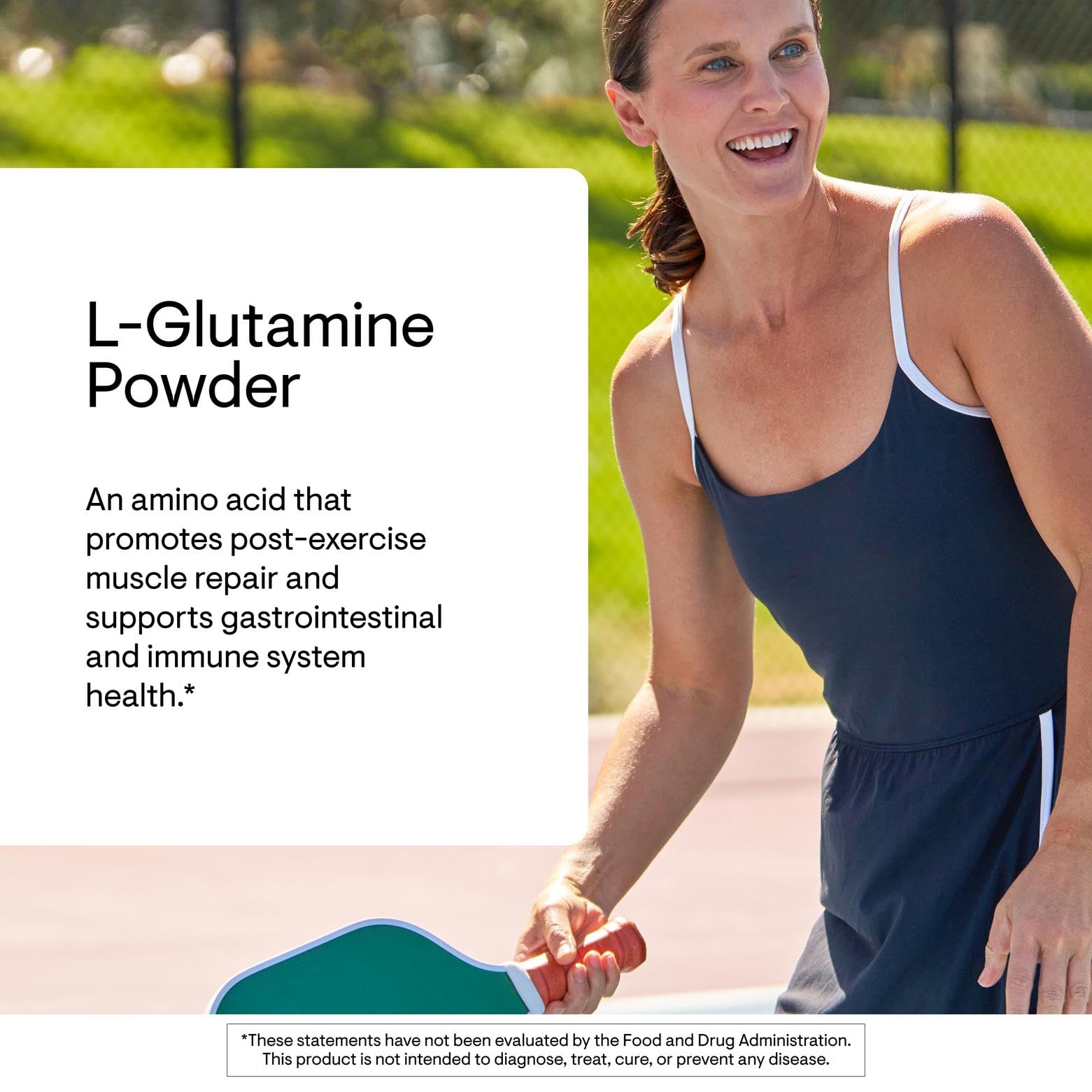 Thorne L-Glutamine label closeup with purity and transparency cues.