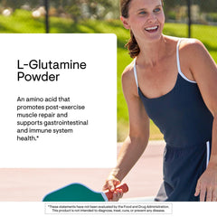 Thorne L-Glutamine label closeup with purity and transparency cues.