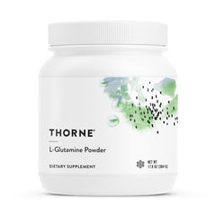 Thorne L-Glutamine powder tub highlighting easy daily use for GI and immune support.