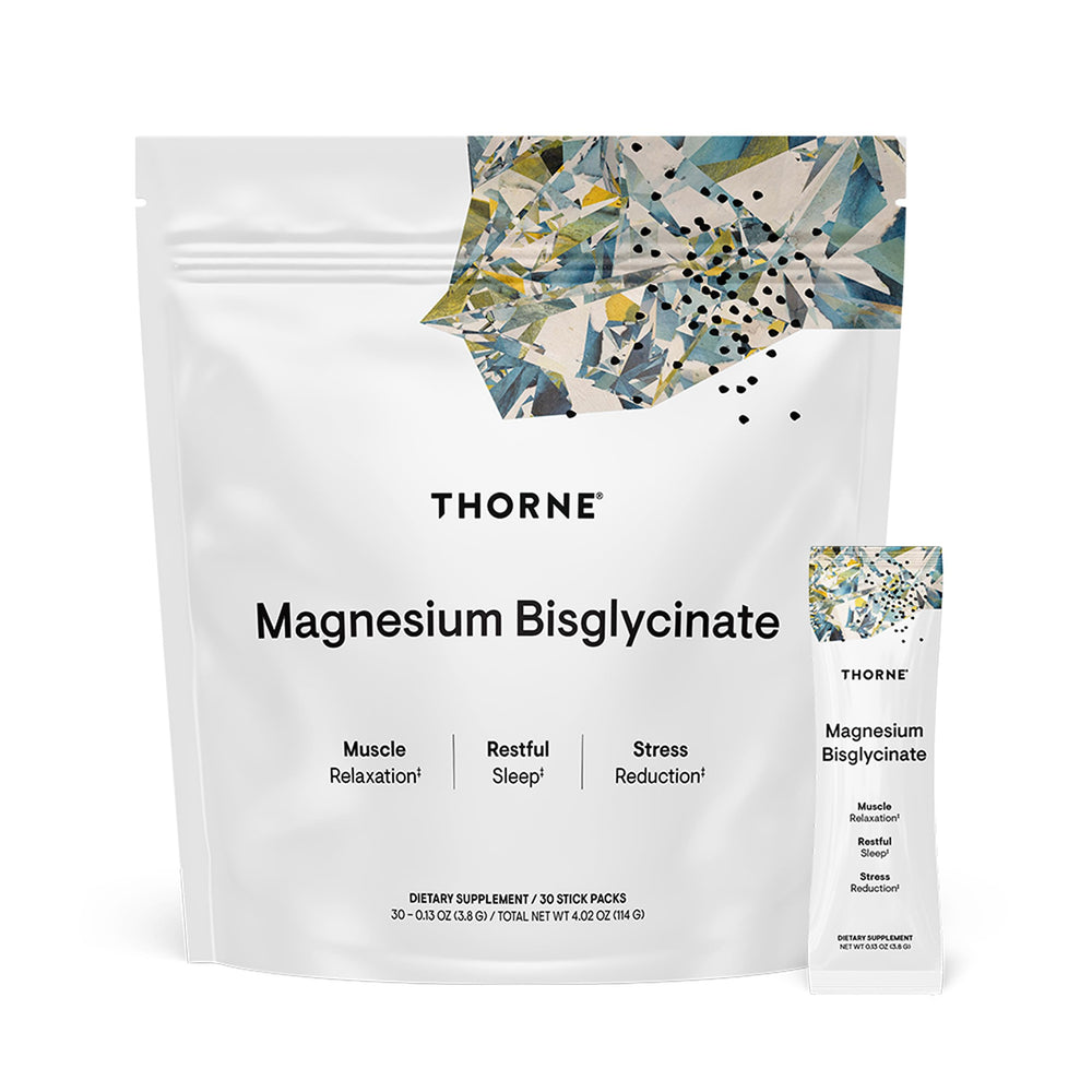 THORNE Magnesium Bisglycinate powder bottle highlights a sport-ready formula