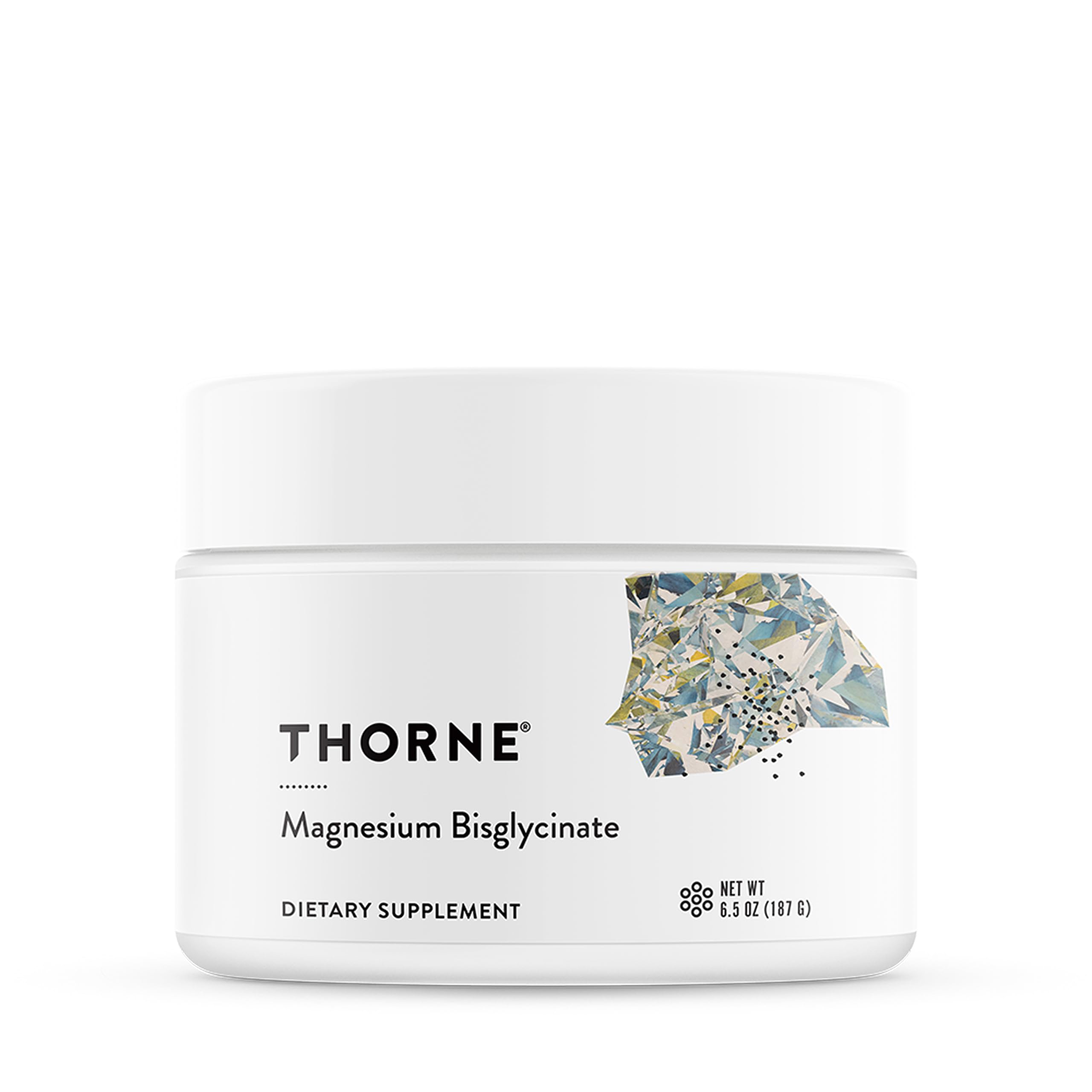 Thorne Magnesium Bisglycinate powder tub displaying dosage for daily wellness.