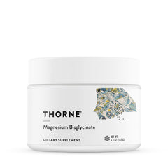 Thorne Magnesium Bisglycinate powder tub displaying dosage for daily wellness.
