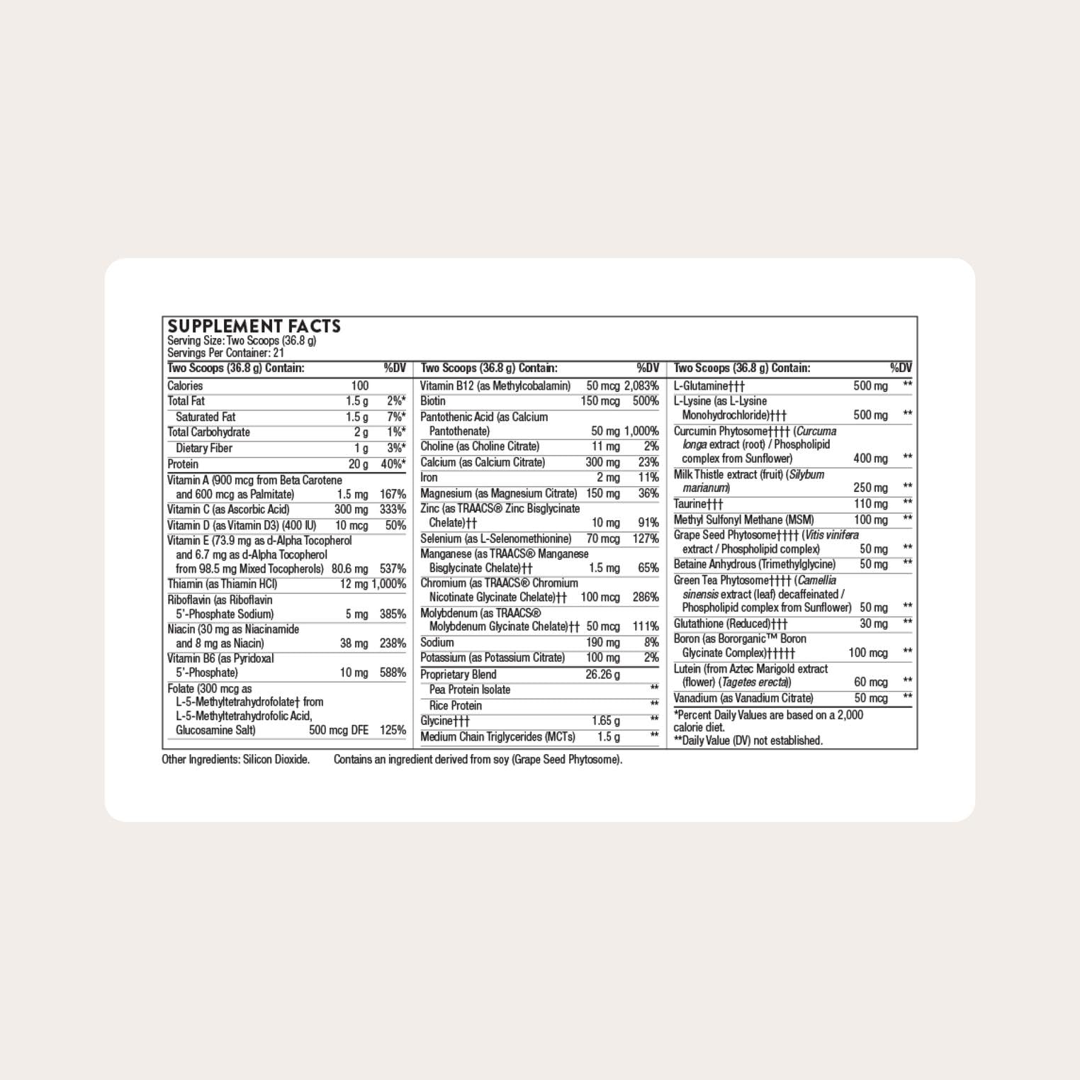 THORNE MediClear Plus tub back label with serving size and ingredients