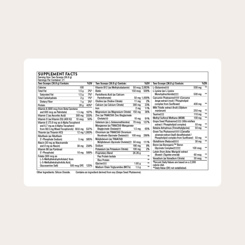 THORNE MediClear Plus tub back label with serving size and ingredients