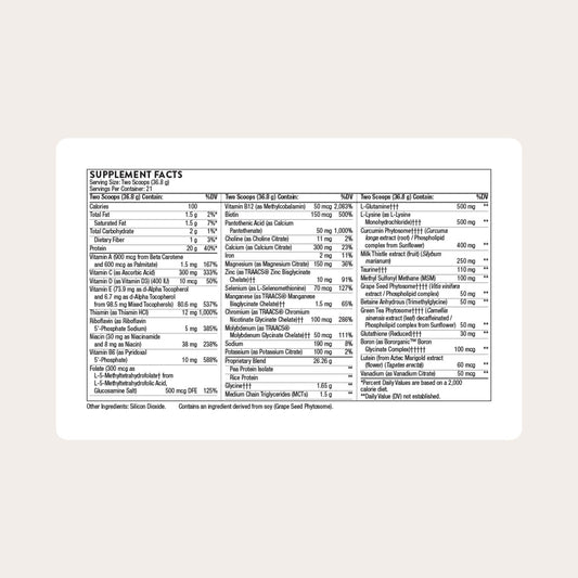 THORNE MediClear Plus tub back label with serving size and ingredients