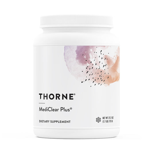 THORNE MediClear Plus tub front showing powder for daily nutrition