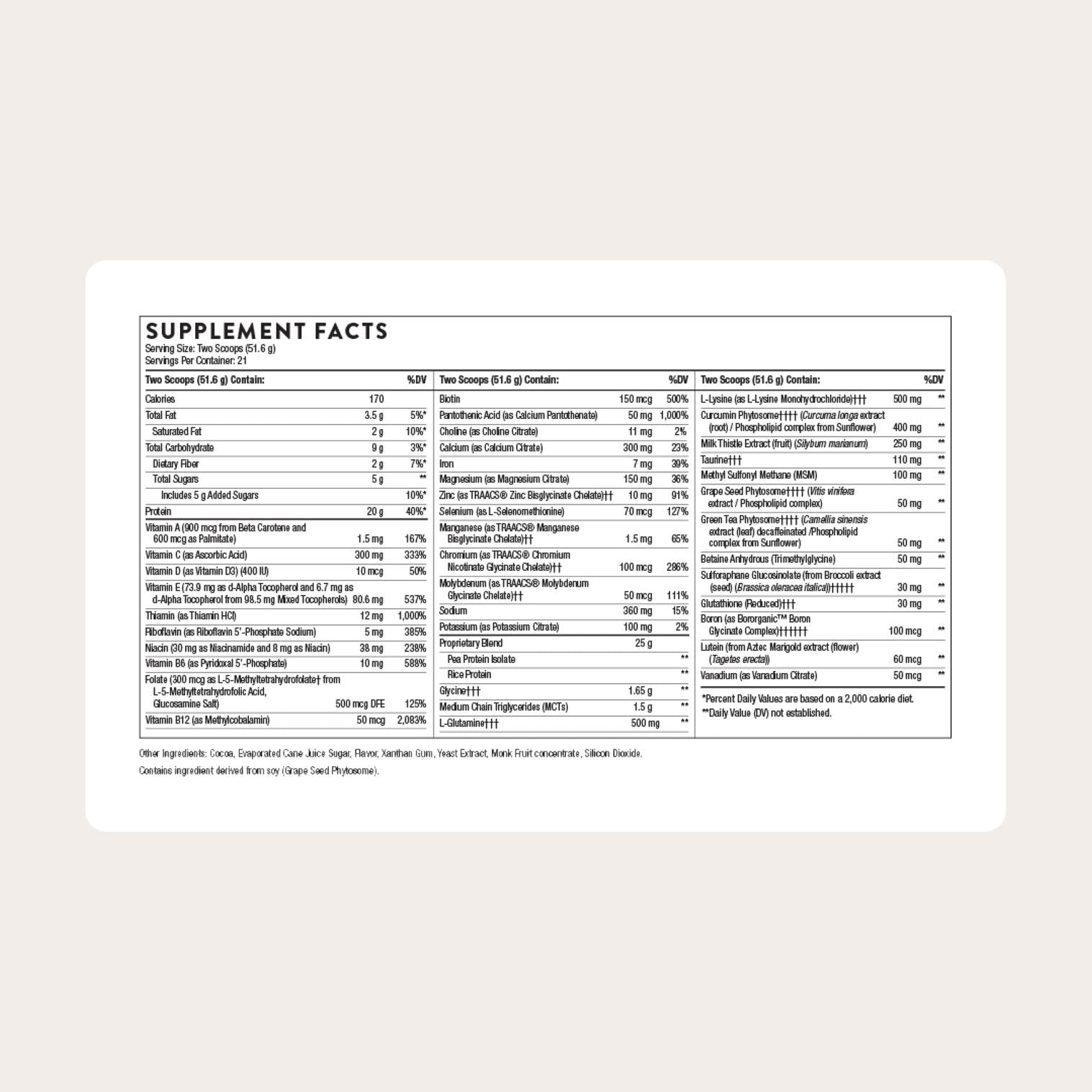 THORNE MediClear-SGS chocolate bottle back with nutrition panel.