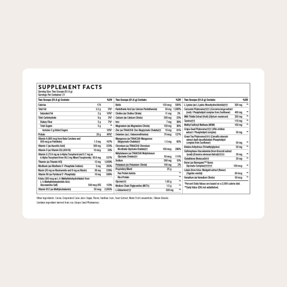 THORNE MediClear-SGS chocolate bottle back with nutrition panel.