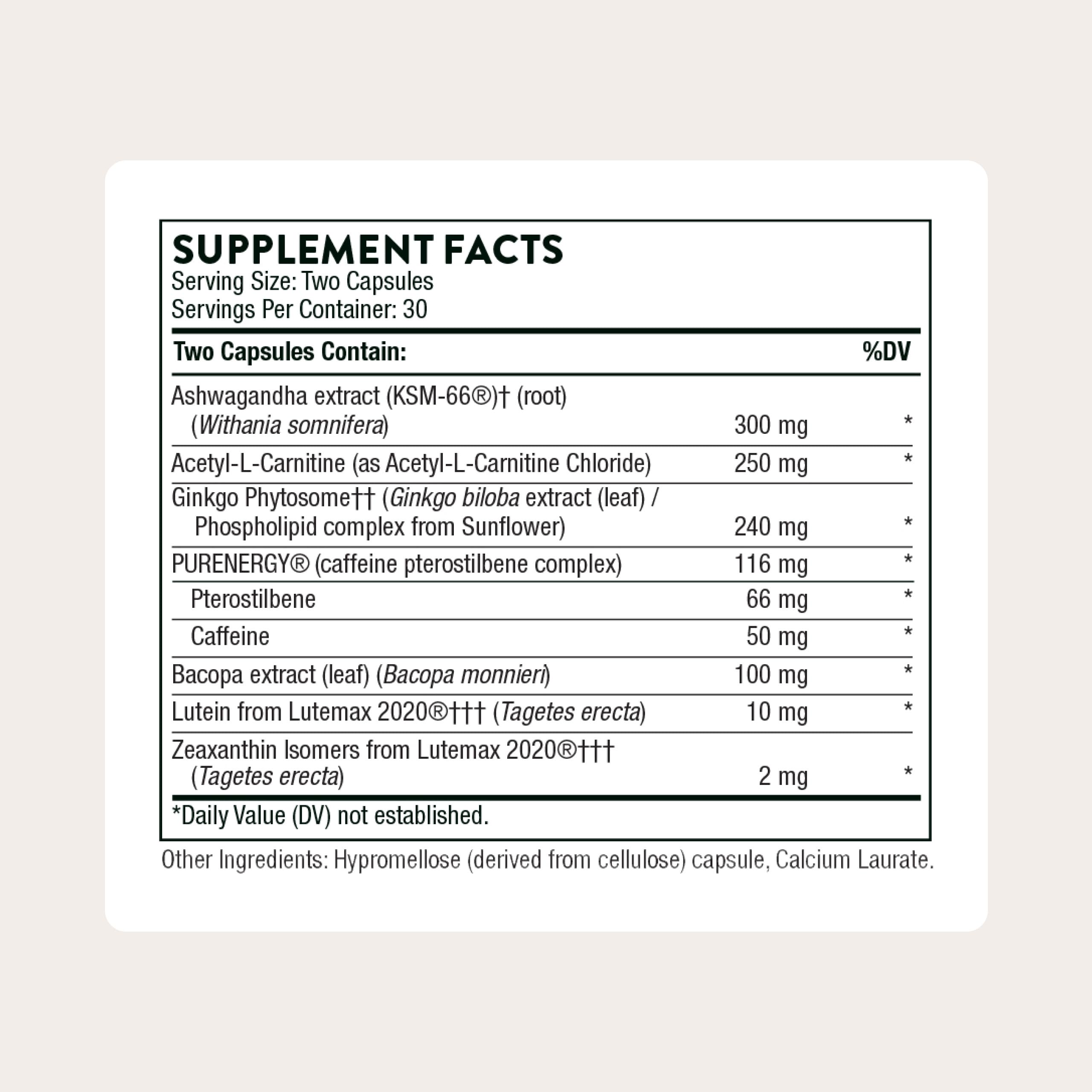 THORNE Memoractiv bottle label highlighting gluten-free and dairy-free formula
