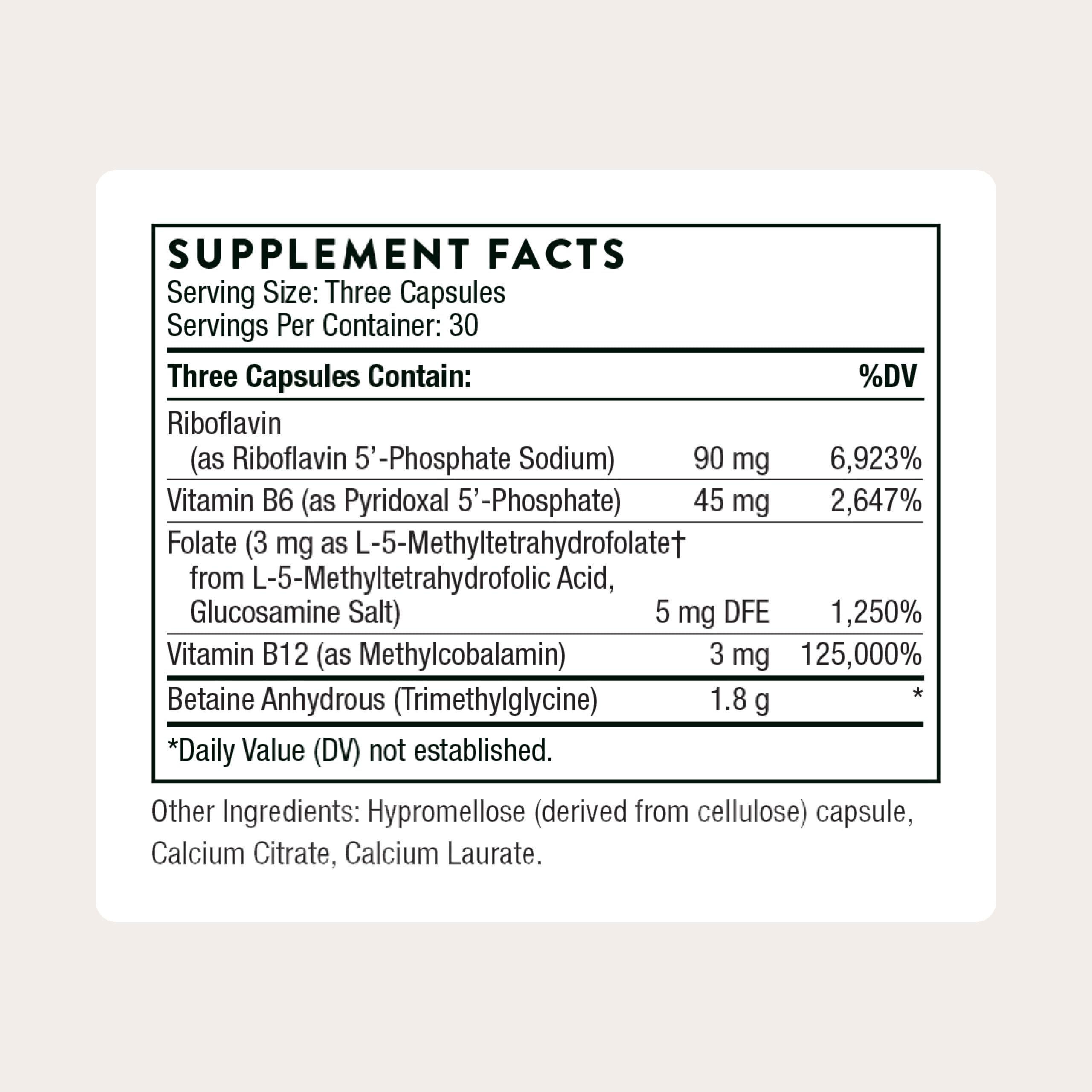 Thorne Methyl-Guard Plus bottle back nutrition panel shows 5-MTHF and methylcobalamin.