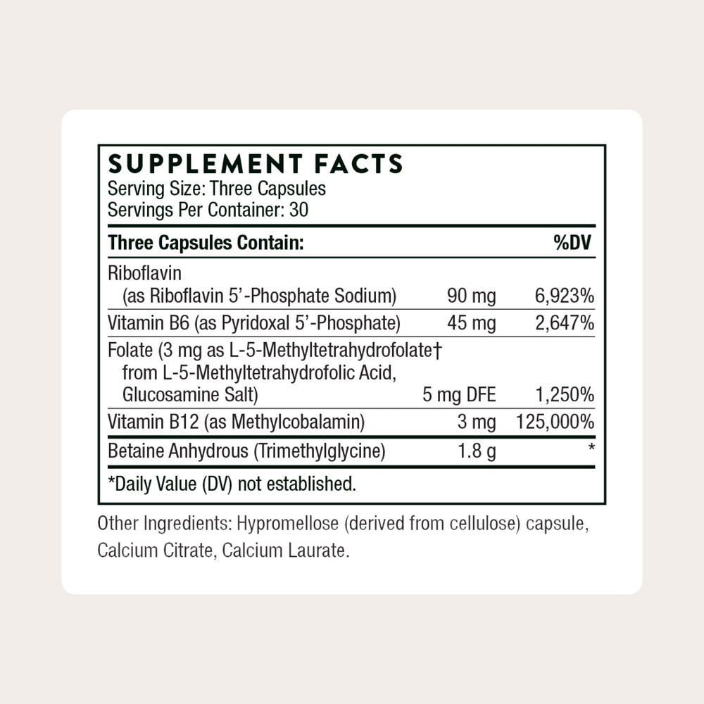 Thorne Methyl-Guard Plus bottle back nutrition panel shows 5-MTHF and methylcobalamin.