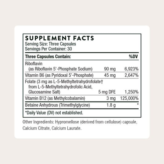 Thorne Methyl-Guard Plus bottle back nutrition panel shows 5-MTHF and methylcobalamin.