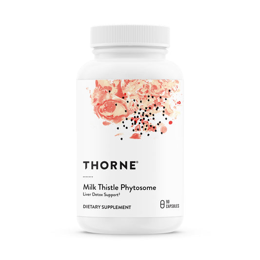 Thorne Milk Thistle Phytosome bottle highlighting liver support and antioxidant potential.