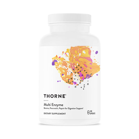 THORNE Multi Enzyme bottle front view shows a dairy-free digestive supplement