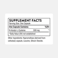 THORNE NAC bottle back label showing ingredients and testing