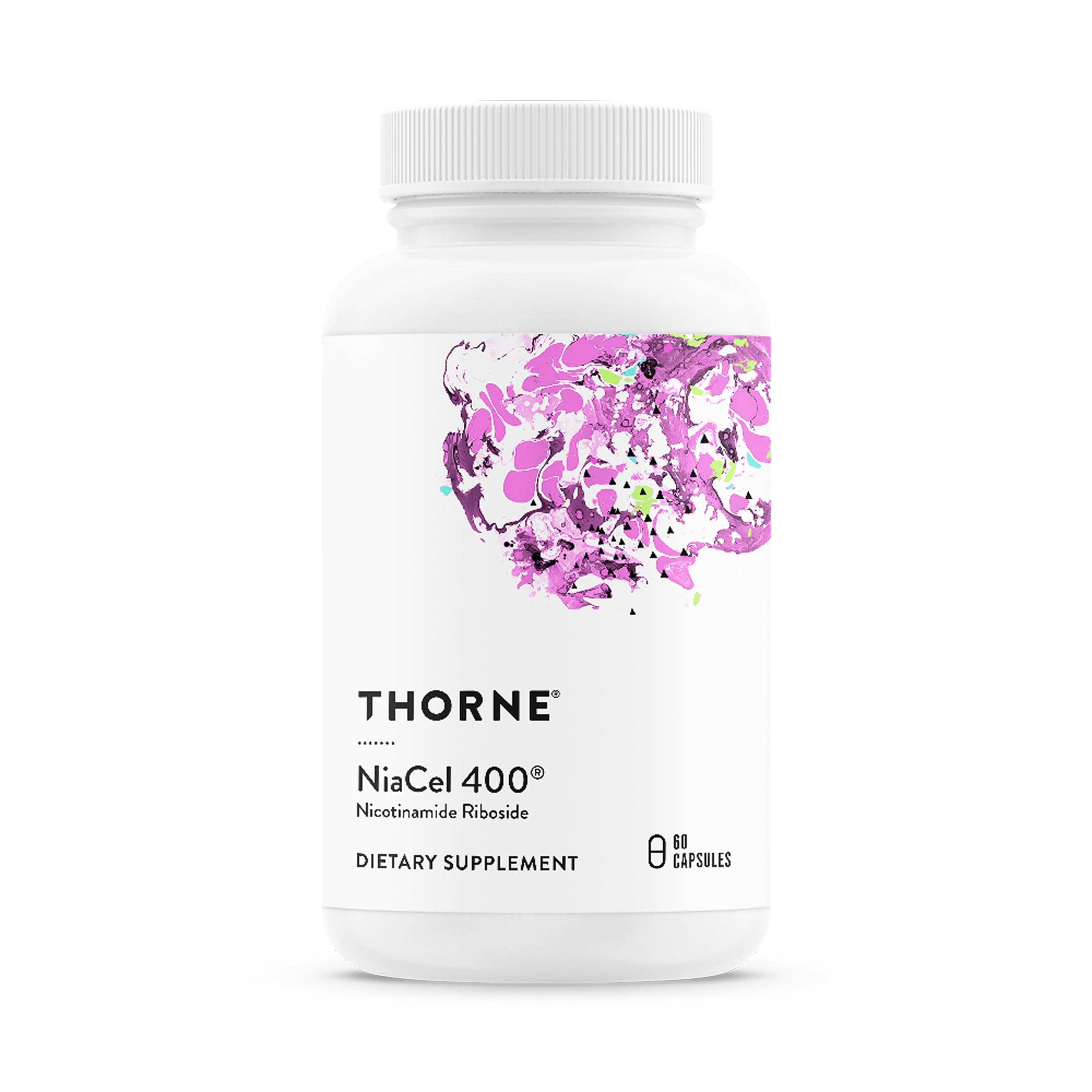 Thorne NiaCel 400 bottle with label, showcasing premium NAD supplement for healthy aging
