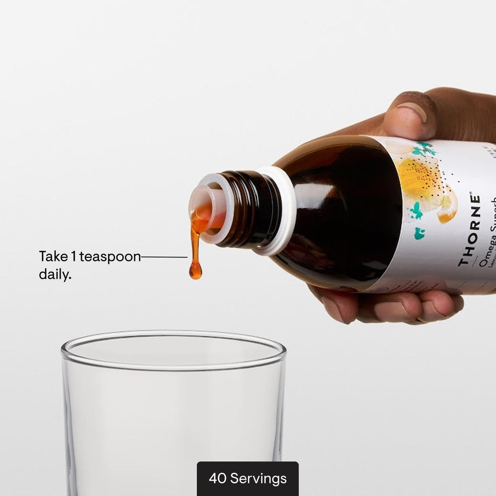 THORNE Omega Superb kids-friendly taste image suggests family-friendly vitamin routine