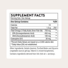 Close-up of THORNE Omega-3 CoQ10 gelcaps emphasizing easy daily intake