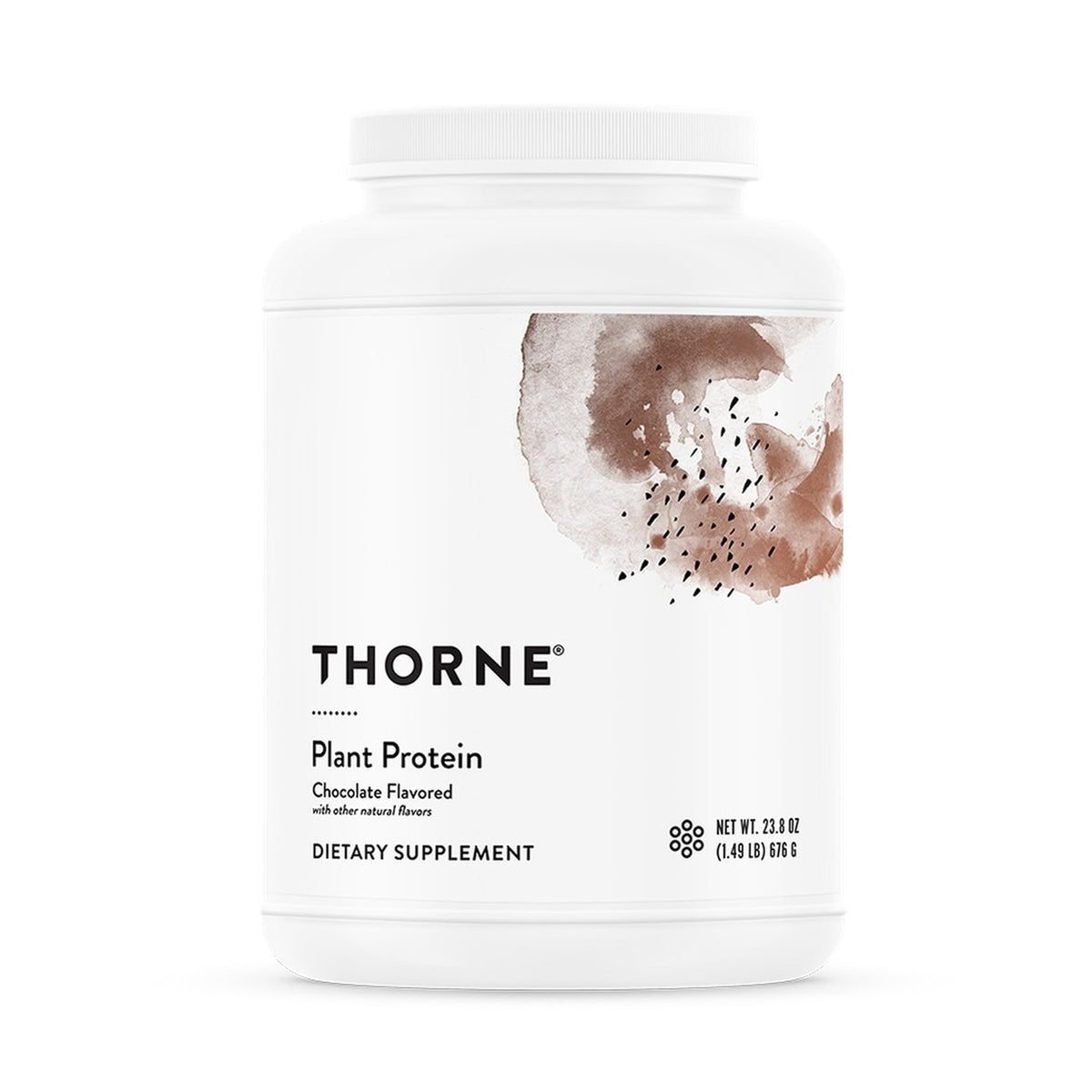 Thorne Plant Protein packaging highlighting vegan formula for clean nutrition.