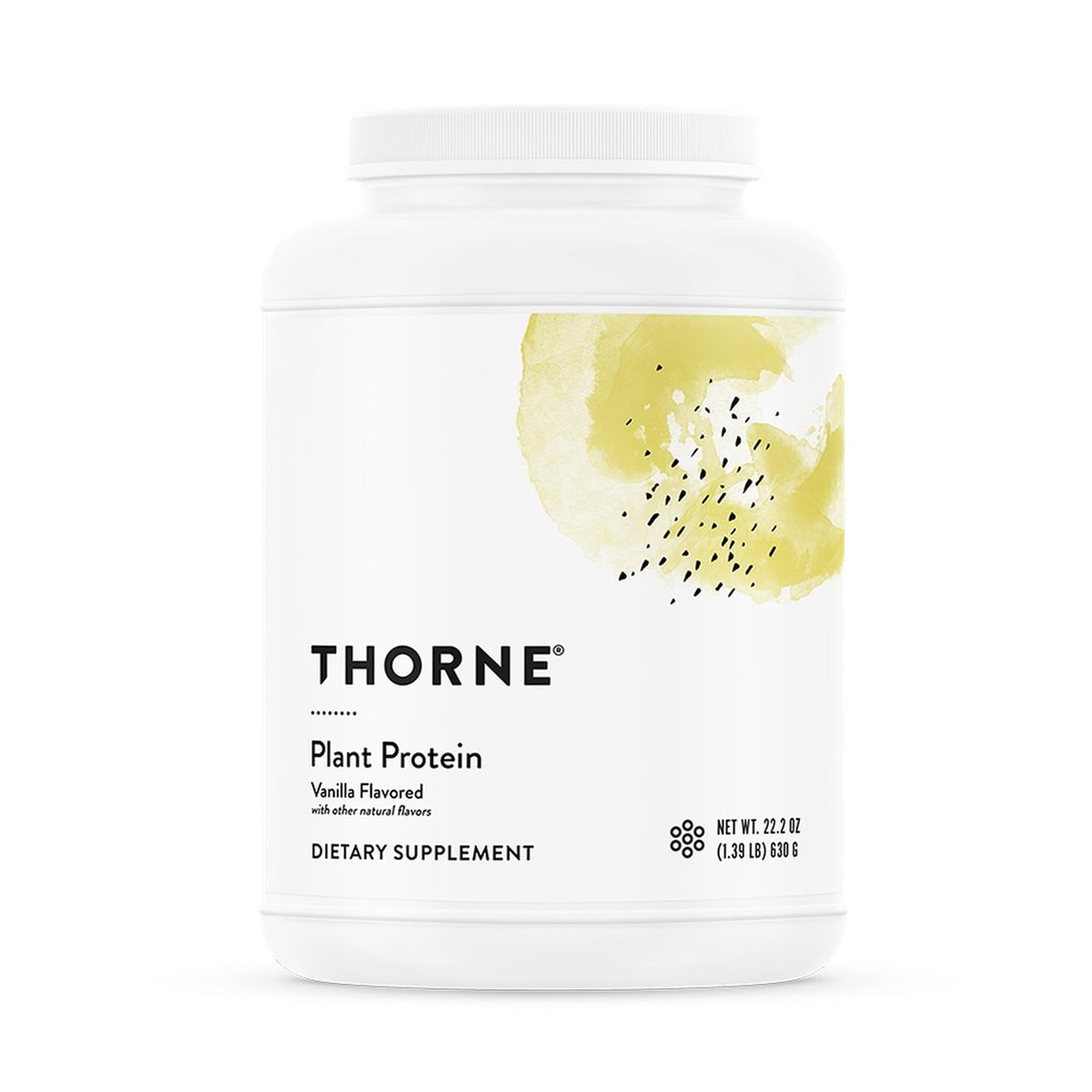 THORNE Plant Protein vanilla bottle pour highlights convenient sport-friendly shake option.