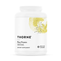 THORNE Plant Protein vanilla bottle pour highlights convenient sport-friendly shake option.