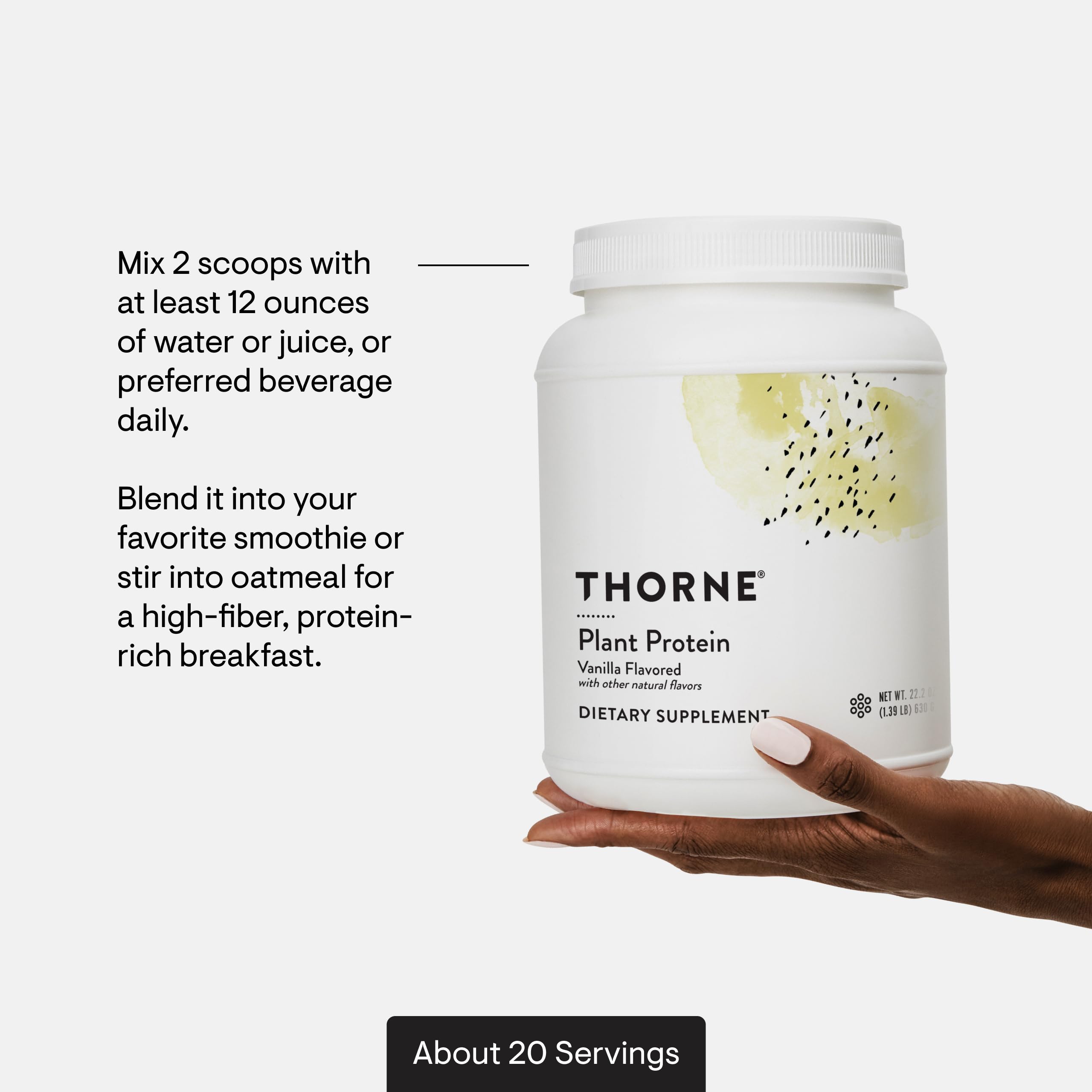 THORNE Plant Protein vanilla ingredients-chart highlights 22 g protein and essential amino acids.