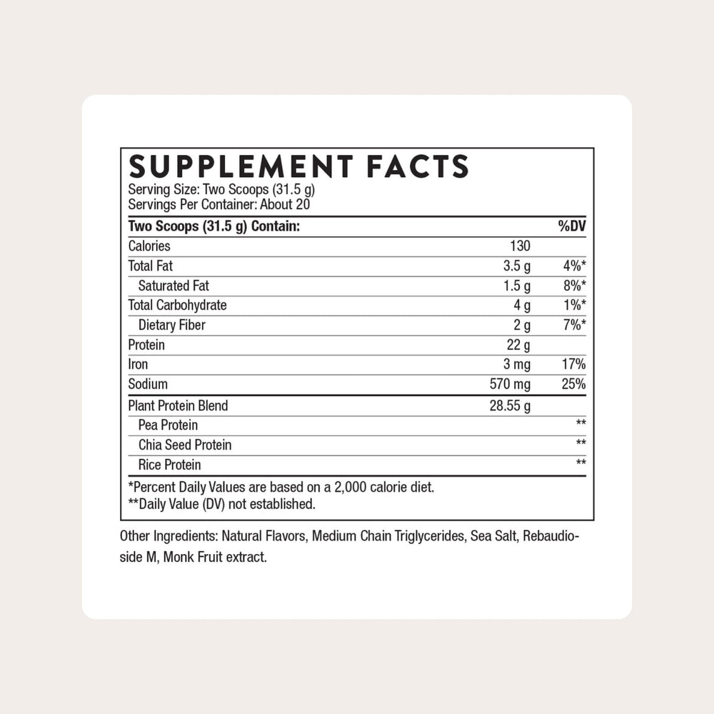 THORNE Plant Protein vanilla powder closeup emphasizes plant blend for complete amino acid profile.