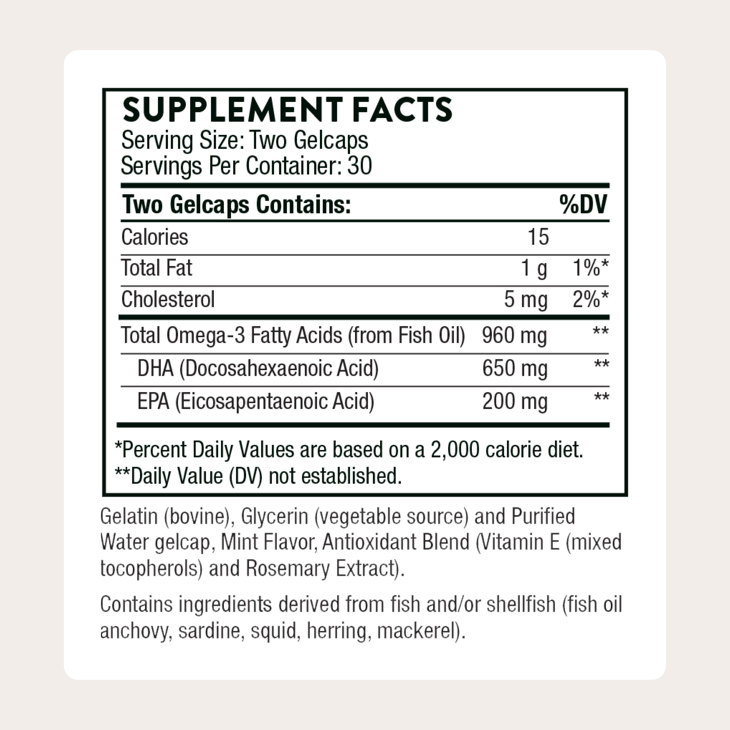 THORNE Prenatal DHA bottle label close-up showing DHA 650 mg and EPA 200 mg