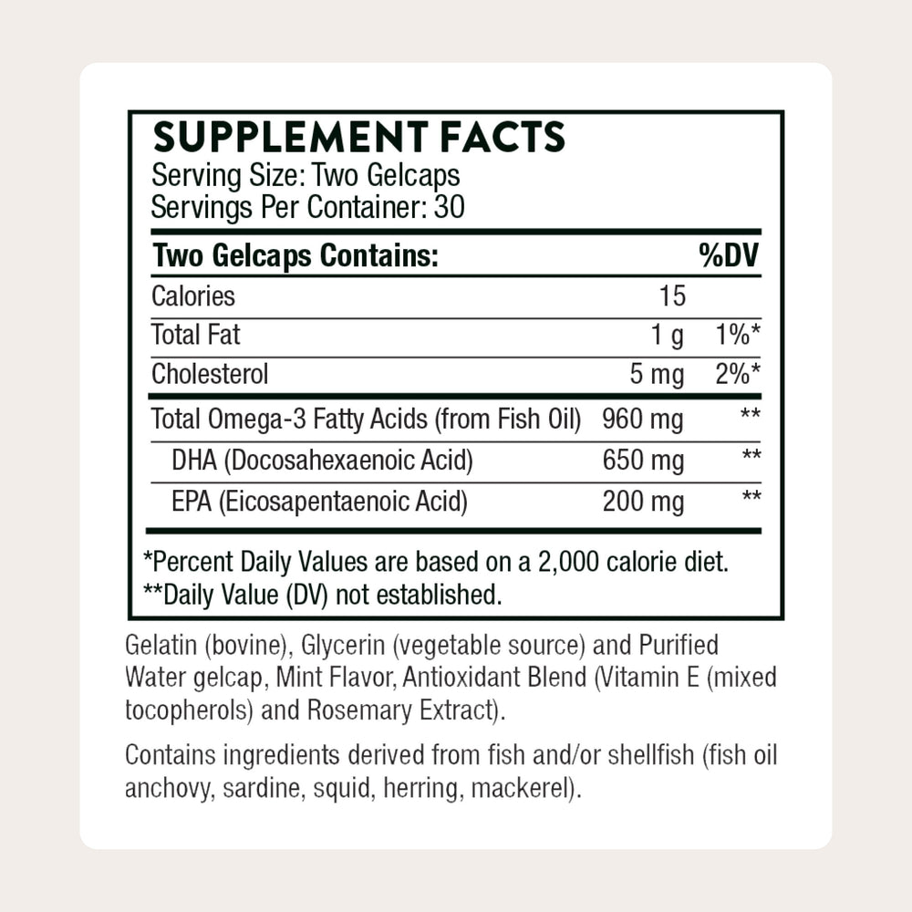 THORNE Prenatal DHA bottle label close-up showing DHA 650 mg and EPA 200 mg