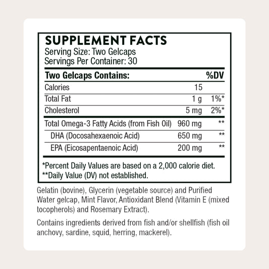THORNE Prenatal DHA bottle label close-up showing DHA 650 mg and EPA 200 mg