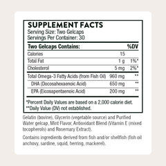 THORNE Prenatal DHA bottle label close-up showing DHA 650 mg and EPA 200 mg