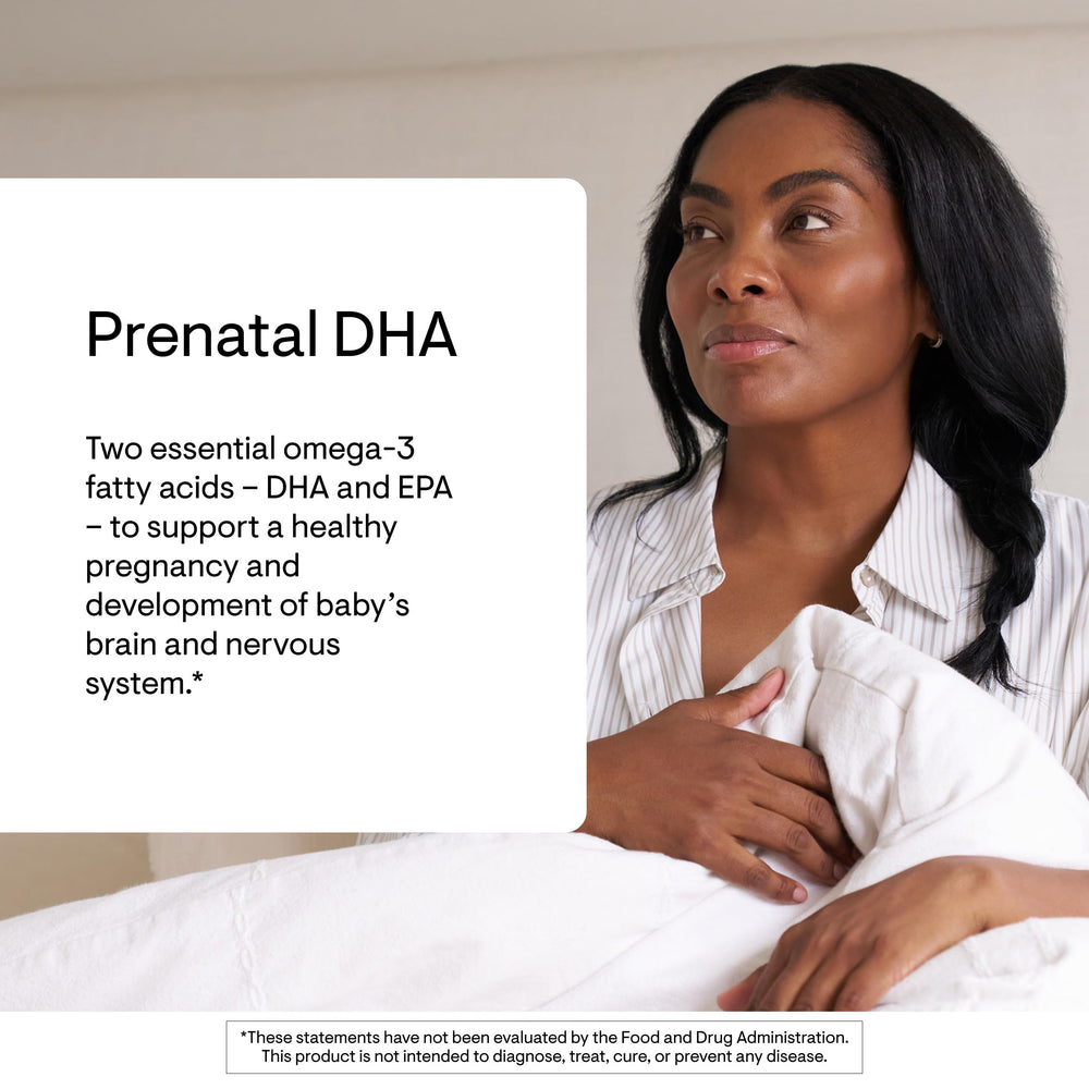 THORNE Prenatal DHA gelcaps shown as easy-to-take capsules for expectant moms