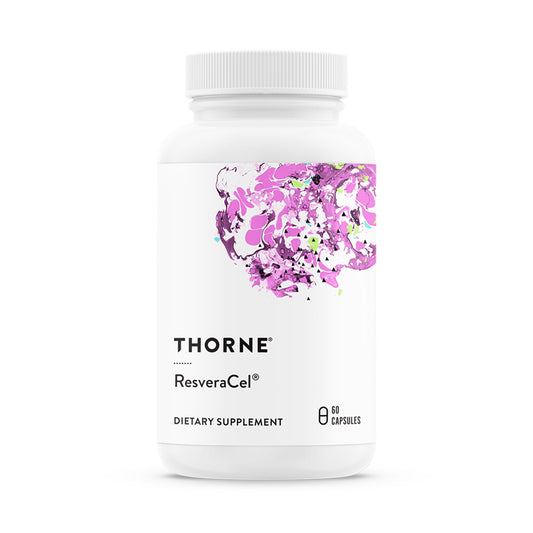 Thorne ResveraCel bottle front view highlighting NR and resveratrol for daily vitality.