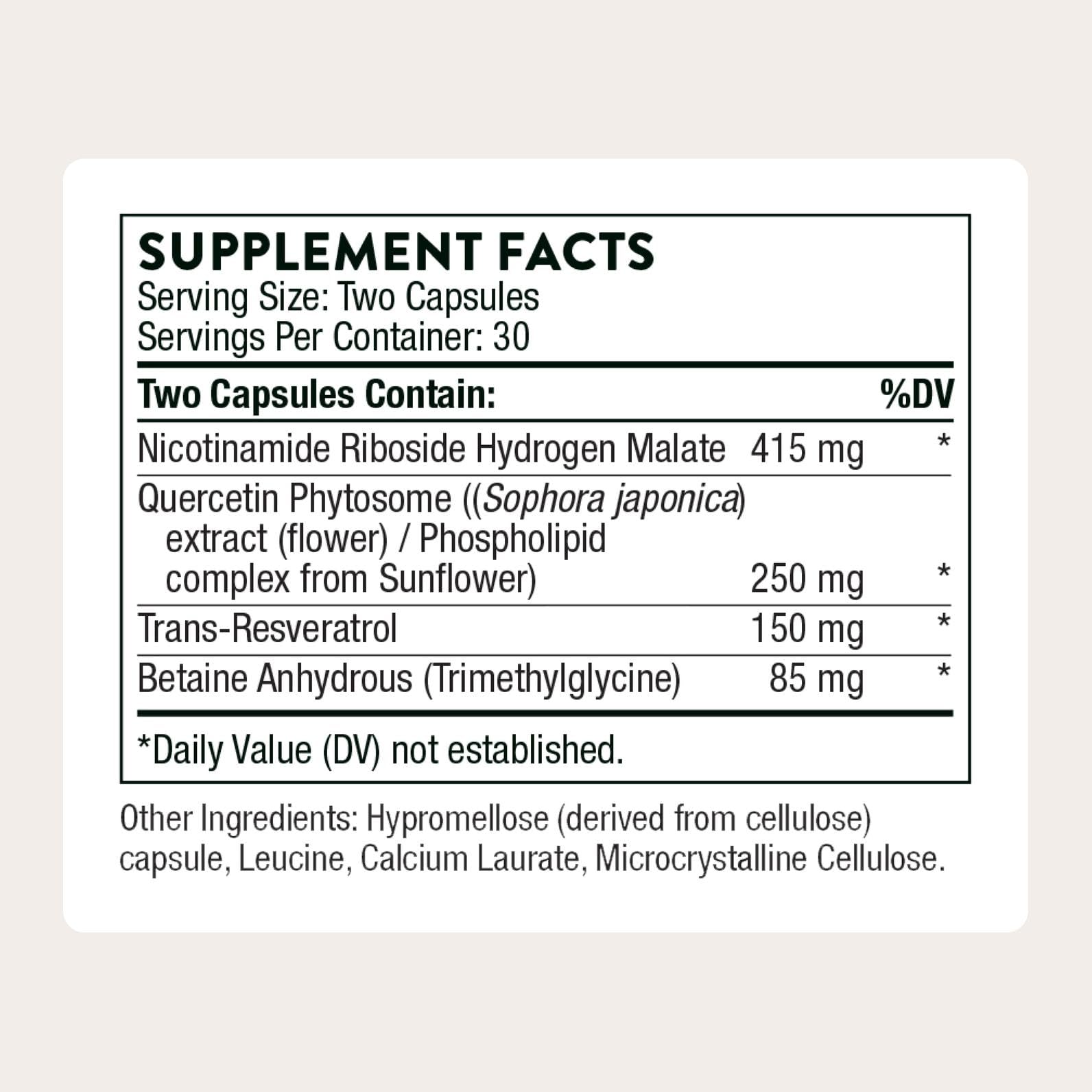 Thorne ResveraCel label close-up showing key ingredients and dosage information.
