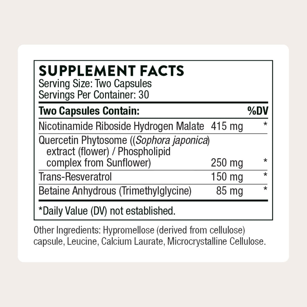 Thorne ResveraCel label close-up showing key ingredients and dosage information.