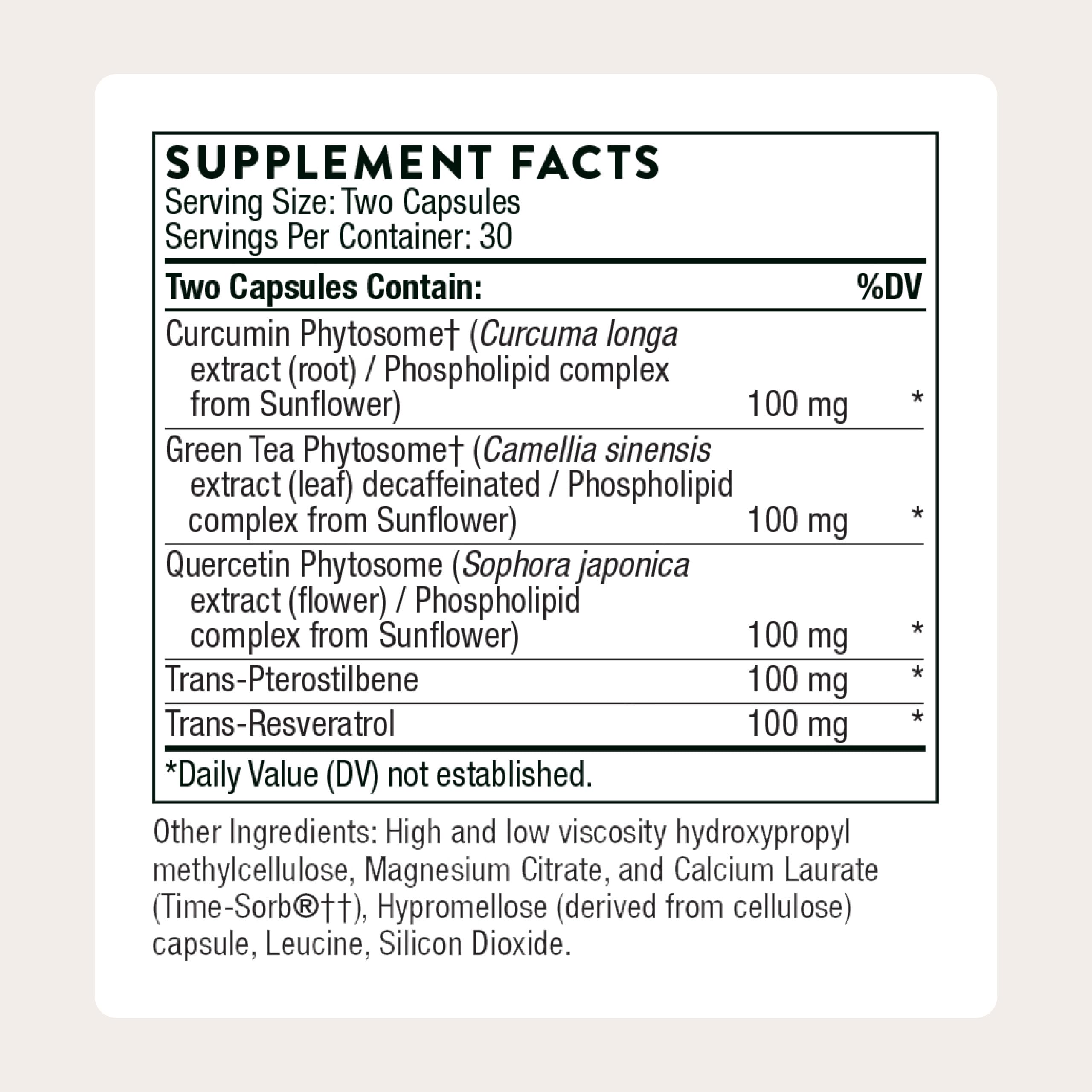 THORNE Resveratrol Complex bottle back with third-party certification logos